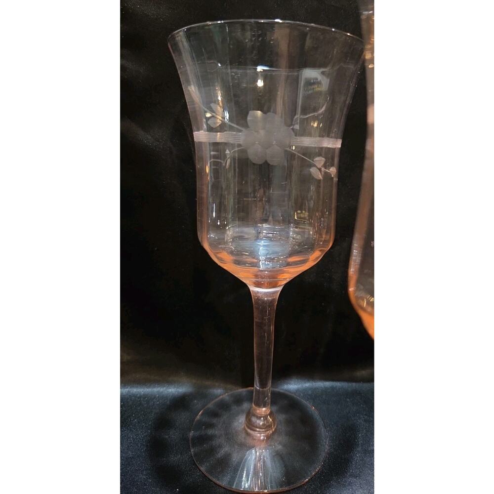 Set Of 4 Pink Depression Glass Water Goblets Etched Flowers 7 In - Picture 4 of 8